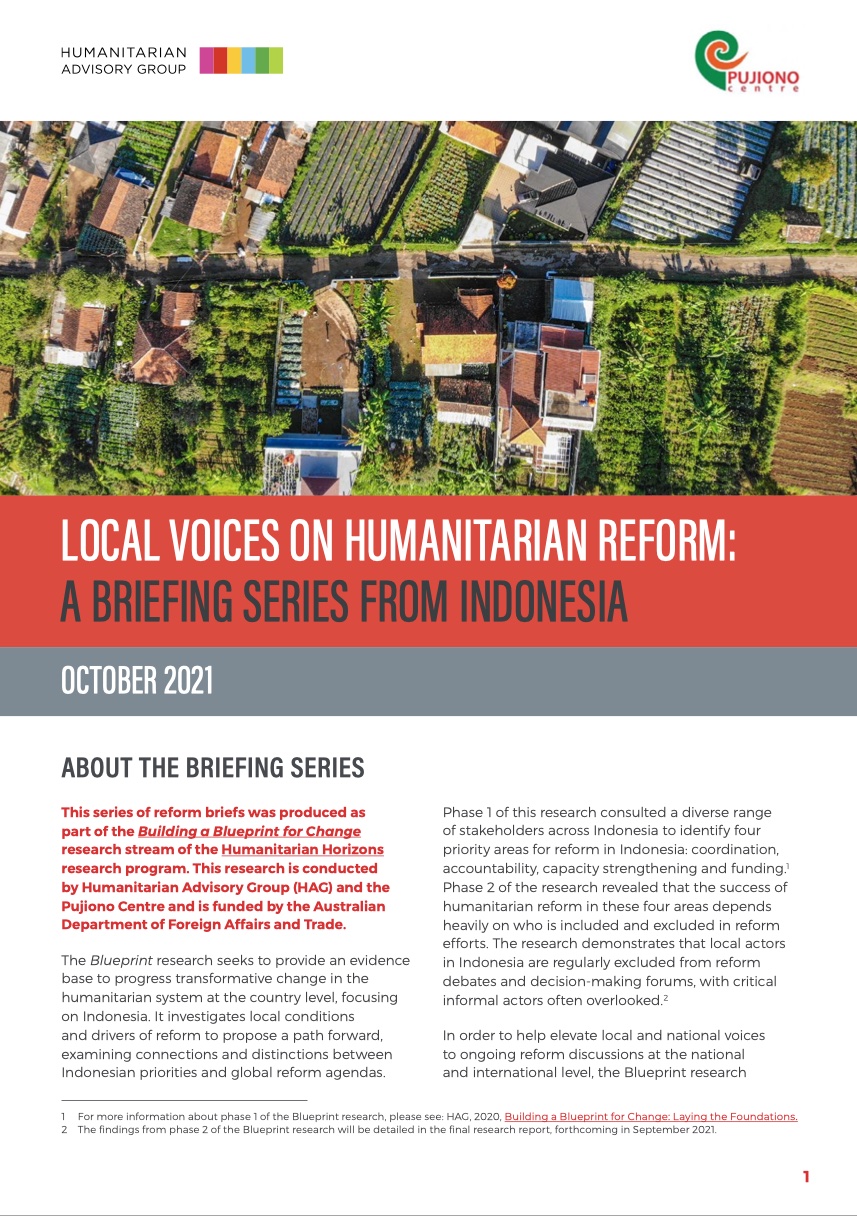 Cover photo for Local Voices on Humanitarian Reform report with Pujiono Centre for Humanitarian Horizons