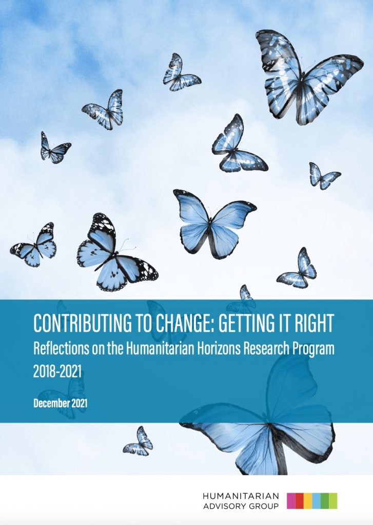 Front cover of Contributing to Change cover with butterflies in front of a blue cloudy sky